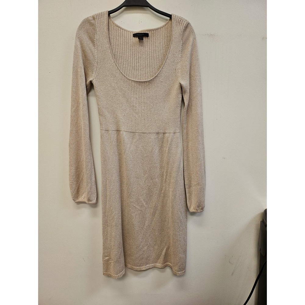 Express Womens Gold Metallic Ribbed Long Sleeve Scoop Neck Sweater Dress Large